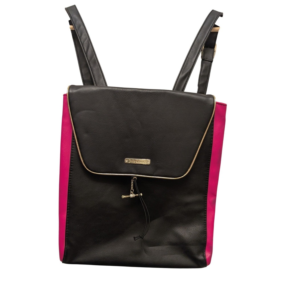 Juicy Couture Backpack Black Pink Faux Leather Gold Hardware Y2K Travel‎ Girly